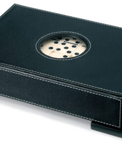 Domino game set in fashionable presentation box covered with bla