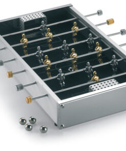 Mini table football game with golden and silver teams.