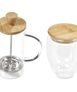 Glass & Bamboo Eco Friendly Coffee Drinkware Gift Set In Gift Box