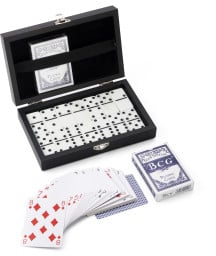 Game set consisting of two decks of cards and dominoes, supplied