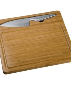Bamboo cutting board with stainless steel knife.