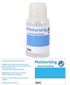 50ml Moisturising Sanitiser with full colour sticker – Min 150 Units
