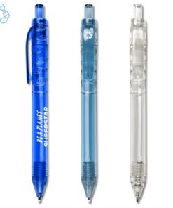 Ballpen with bamboo barrel, plastic coloured parts, blue ink. ?